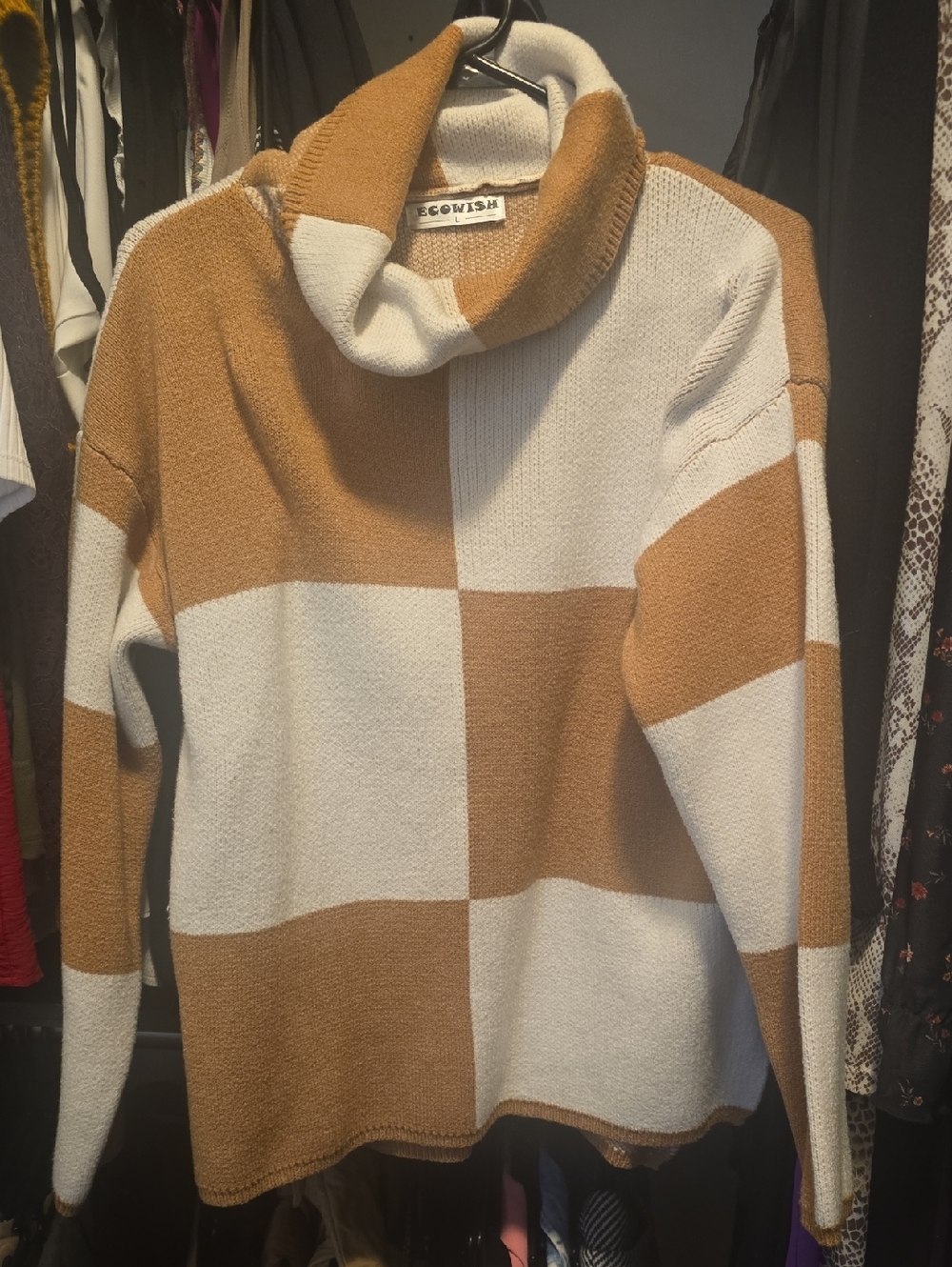 Ecowish Cream and Tan Checkerboard Cowl Neck Sweater